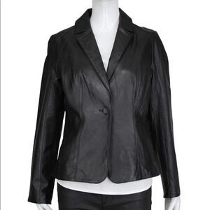 BirryShop Black Genuine Leather Blazer‎ Collar One Button Front Pockets Women’s
